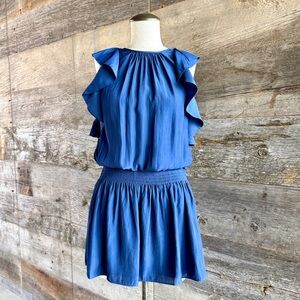 NWT Ramy Brook Rembi Mini Dress Smock Blouson Ruffle Sleeve Goddess Flirt Navy S